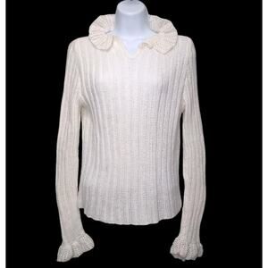Hand Knit Handmade Pullover Sweater Womens Size‎ S-M White Ruffle Collar Sleeves